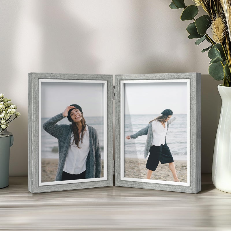 Afuly 5x7 Picture Frame Grey Double Wooden Hinged Photo Frames 2 Openings Tabletop Display Desk Picture Frames Modern Decor Wedding Birthday Christamas Gifts for Women Mom Family Friends - Image 5